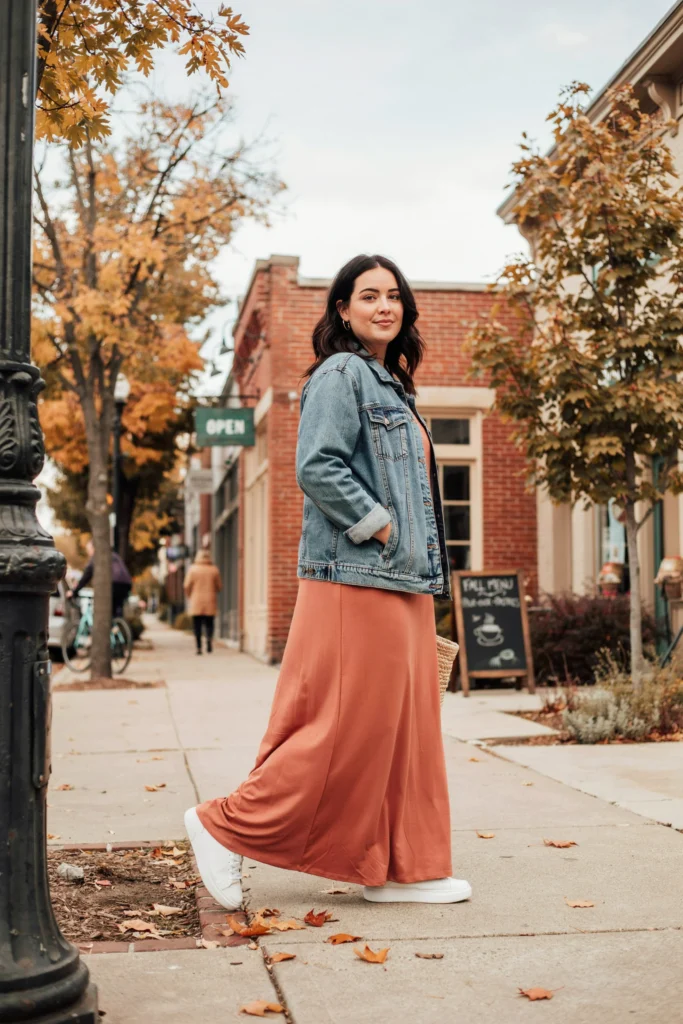 Terracotta Maxi Dress with Denim Jacket and White Sneakers