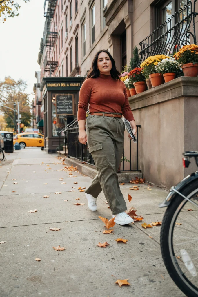 Rust Turtleneck with Olive Cargo Pants