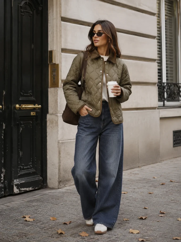 Quilted Jacket with Wide-Leg Jeans