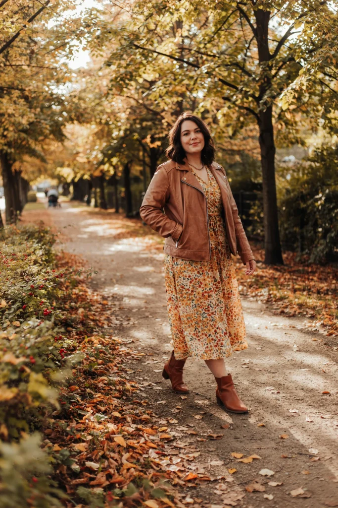 Brown Faux Leather Jacket with Floral Midi Dress