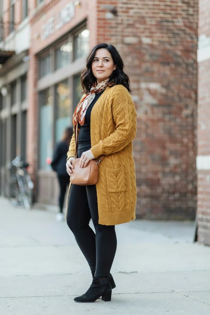 Mustard Cardigan with Black Leggings