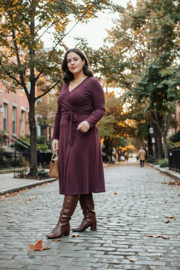 Plum Wrap Dress with Knee-High Boots