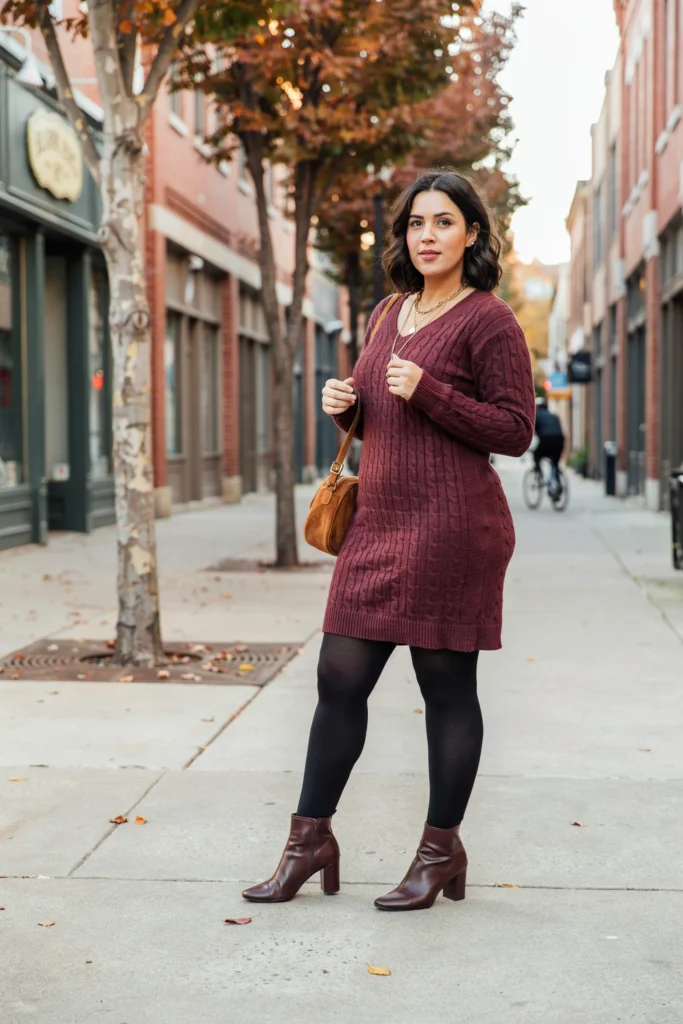 Burgundy Sweater Dress with Opaque Tights