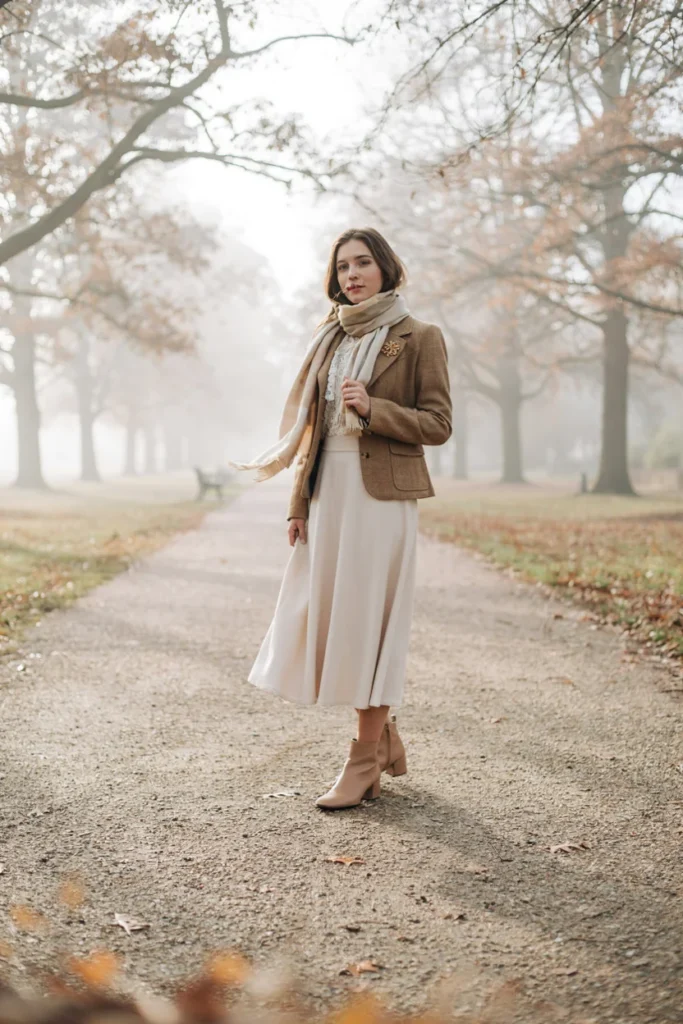 Poetcore Winter Outfits Ivory Lace Blouse with Tweed Blazer