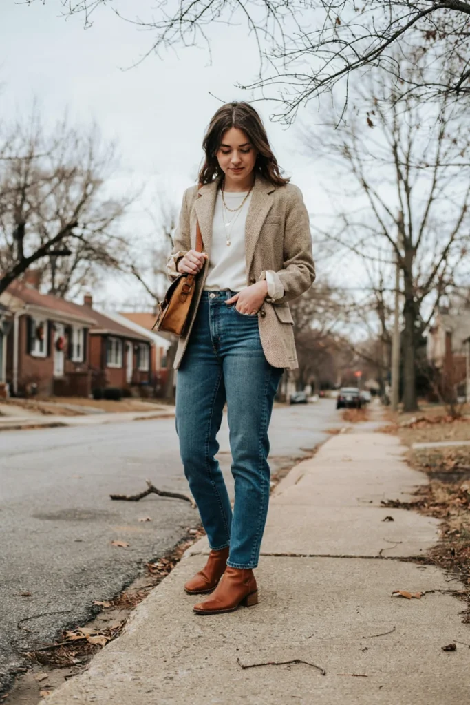 Beige Tweed Blazer with High-Waisted Jeans