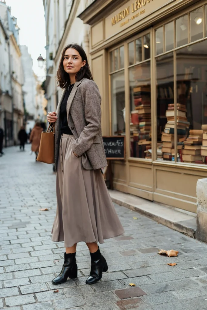 Grey Herringbone Blazer with Midi Skirt