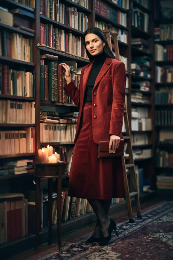 Wine Red Blazer with Velvet Skirt
