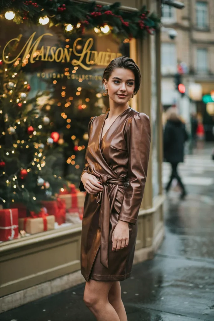  Metallic Bronze Wrap Dress with Padded Shoulders