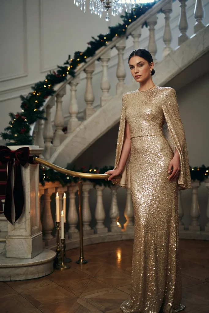 High-Neck Sequin Gown with Cape Sleeves