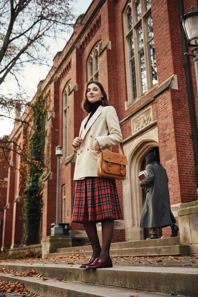 Cream Double-Breasted Blazer with Plaid Skirt