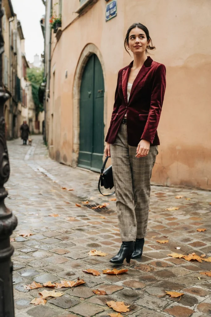 Burgundy Velvet Blazer with Plaid Trousers