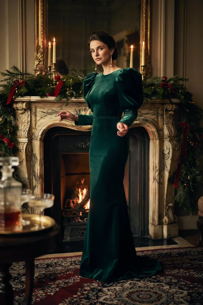 Emerald Green Velvet Puff-Sleeve Gown