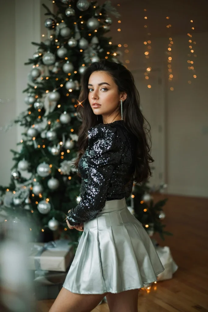 Metallic Pleated Skirt with Sequin Bodysuit