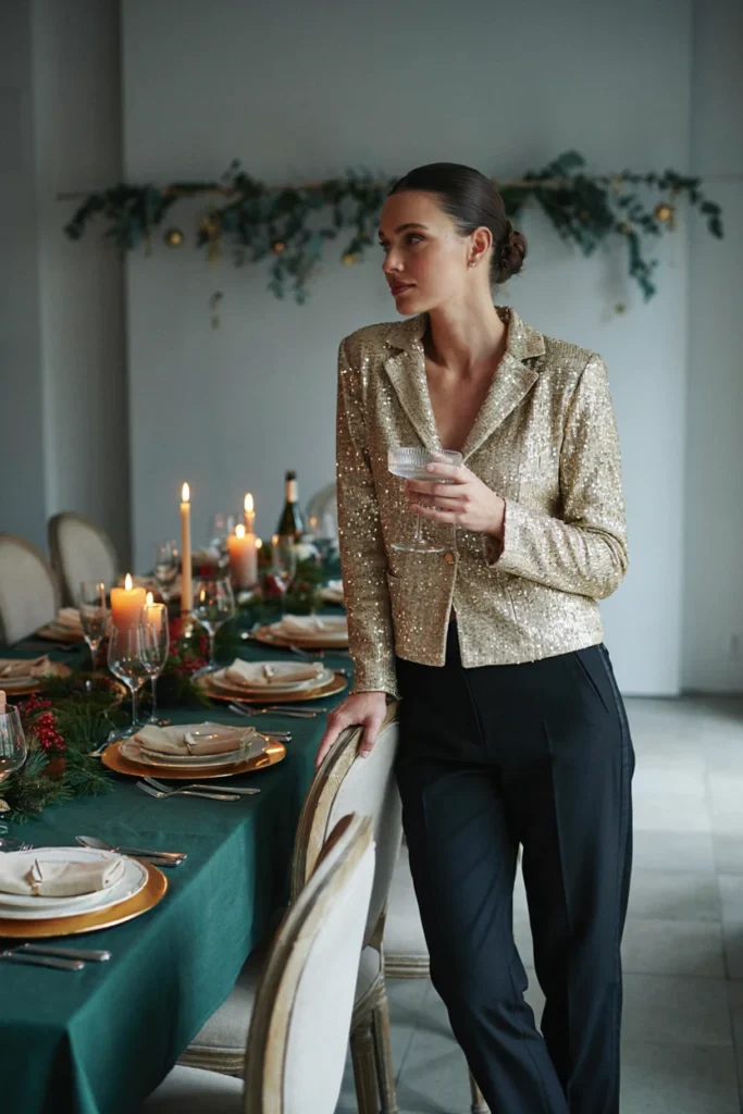  Gold Sequin Blazer with Black Tuxedo Trousers