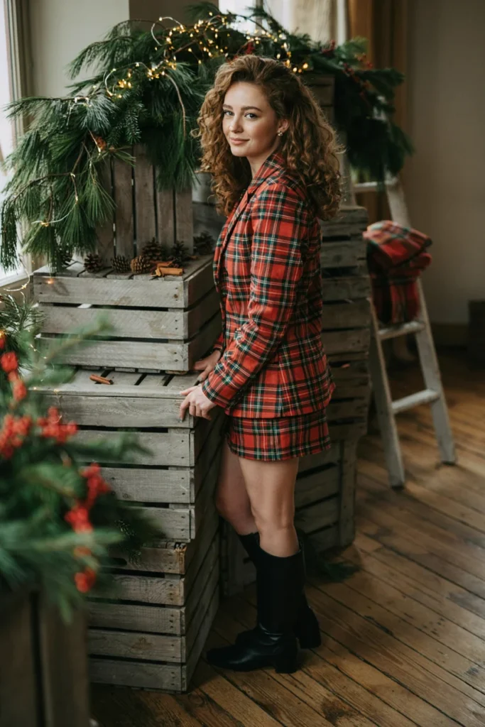 Holiday Tartan Blazer Set with Bold Shoulders