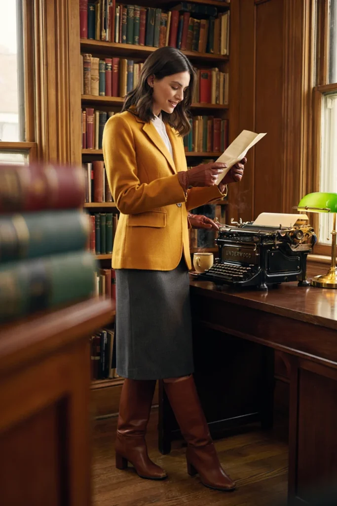 Mustard Yellow Blazer with Wool Skirt