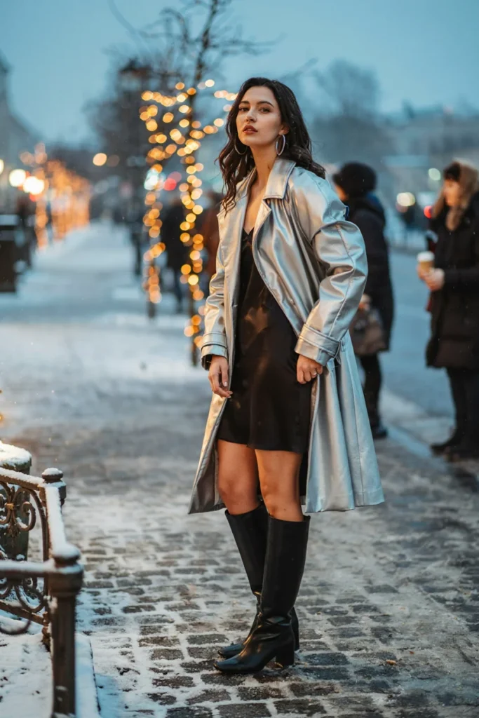  Metallic Silver Trench with Shoulder Detail