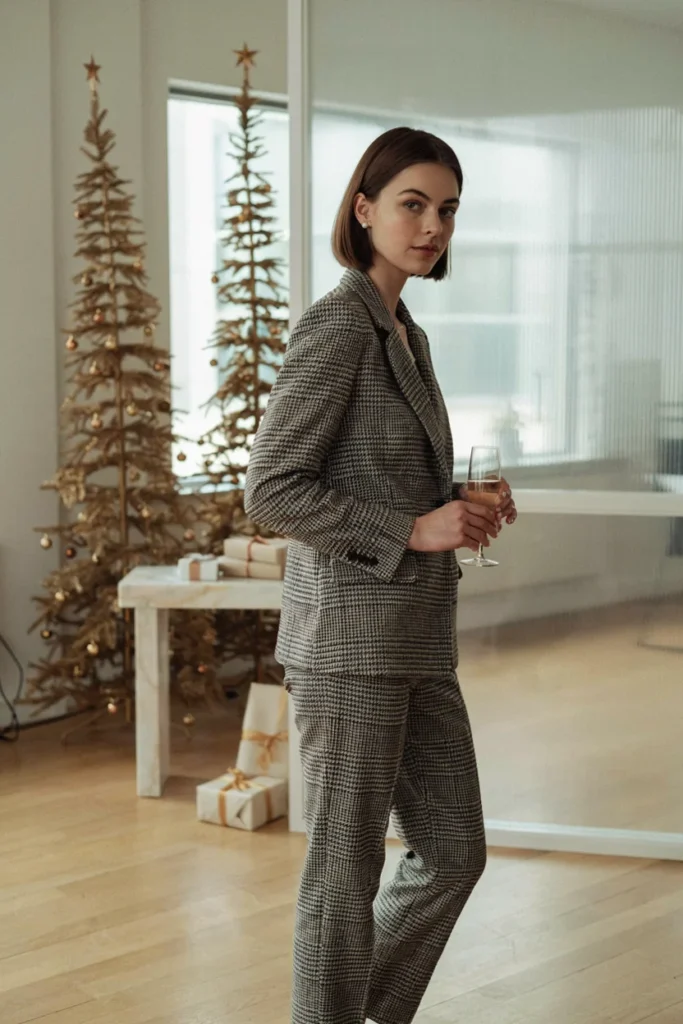 Houndstooth Power Suit with Statement Shoulders