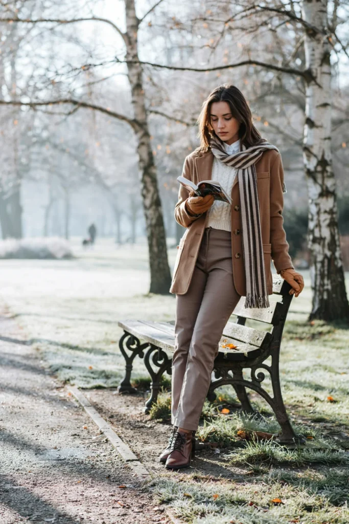 Camel Blazer with Knit Vest Layering