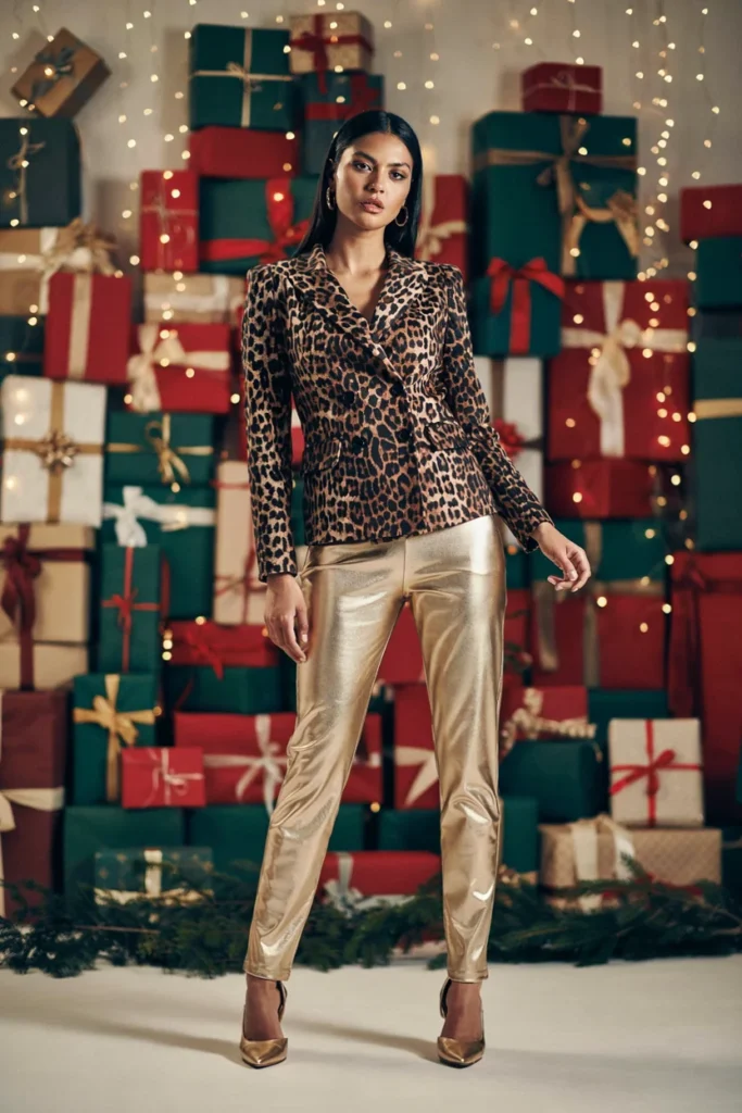 Animal Print Blazer with Metallic Trousers