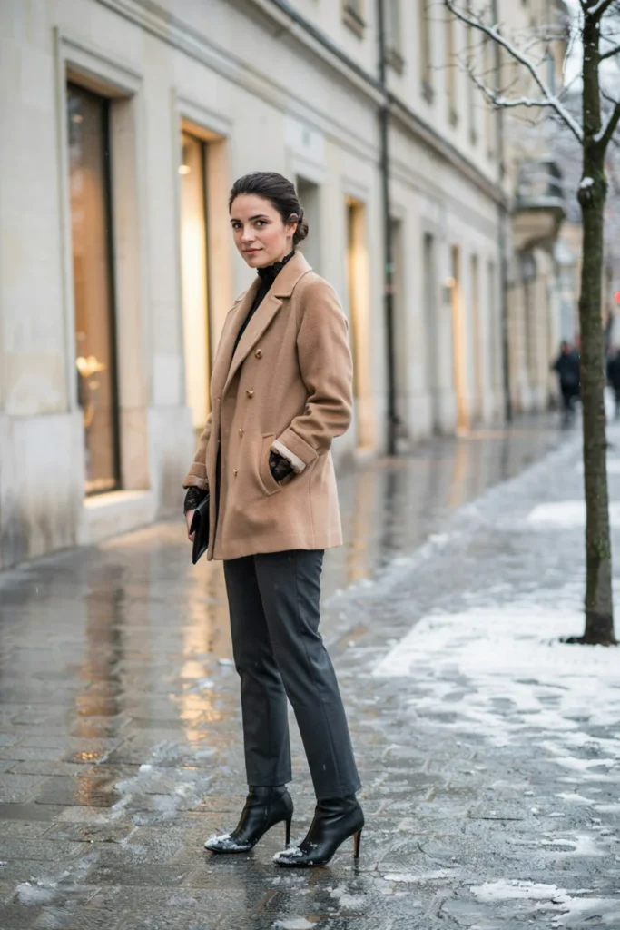 Lace Detail Winter Outfits Black Lace Turtleneck Under a Wool Coat