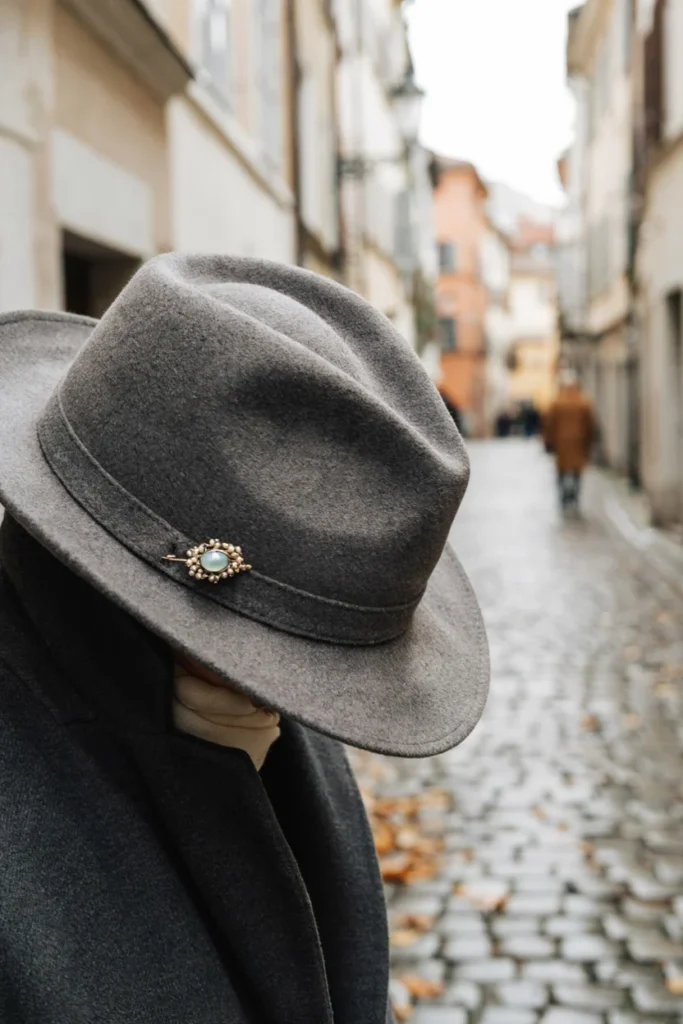 Brooch as Hat Pin with Fedora