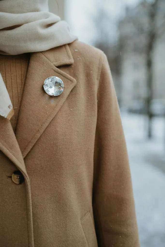 Crystal Brooch on Wool Coat