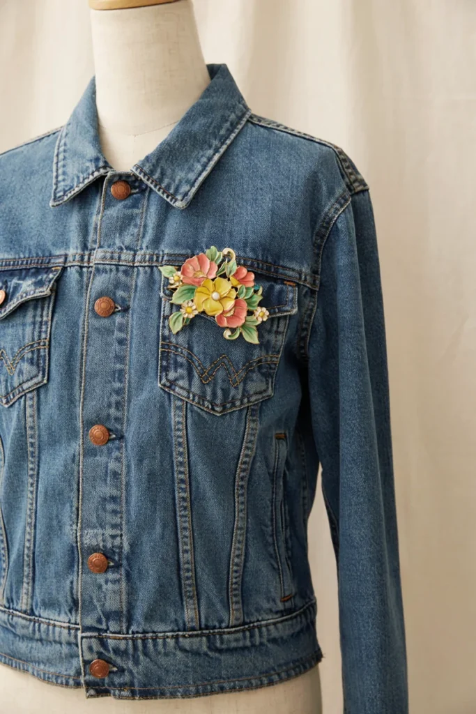 Floral Enamel Brooch with Denim Jacket