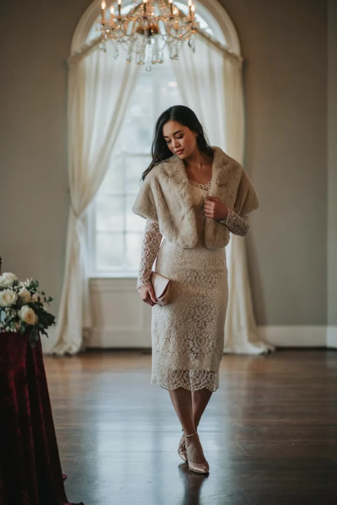 Ivory Lace Midi Dress with a Faux Fur Stole