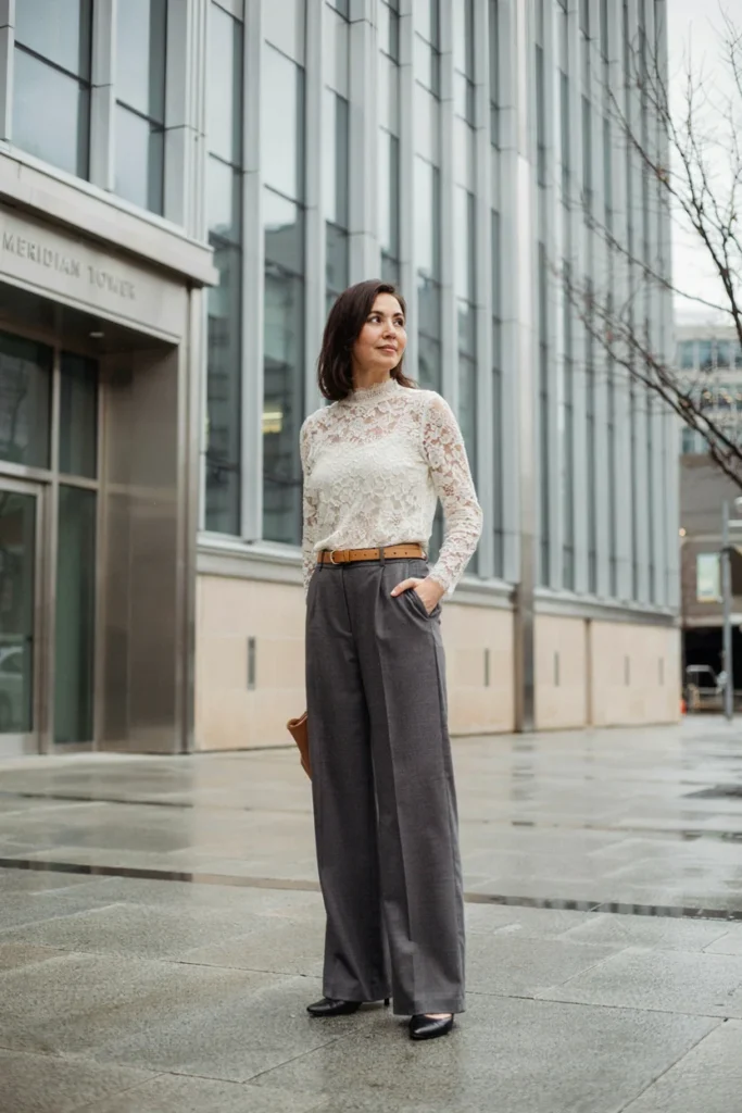 Lace Blouse Paired with Tailored Wool Trousers