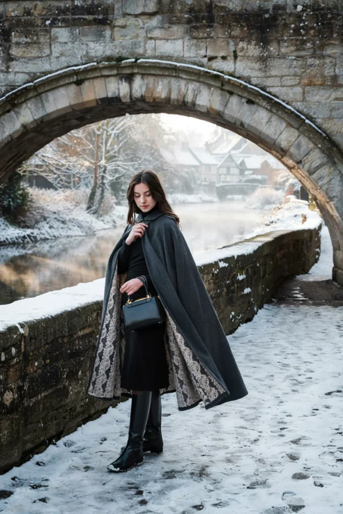 Lace Detail Cape Over a Simple Winter Dress