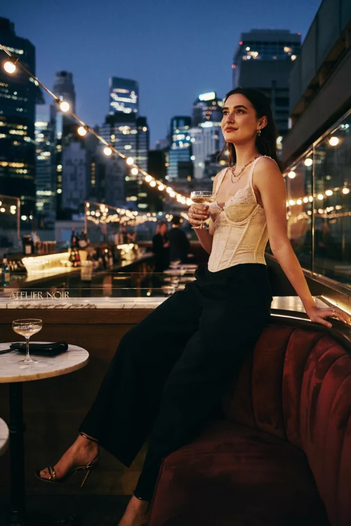 Lace Detail Corset Top with Wide-Leg Trousers