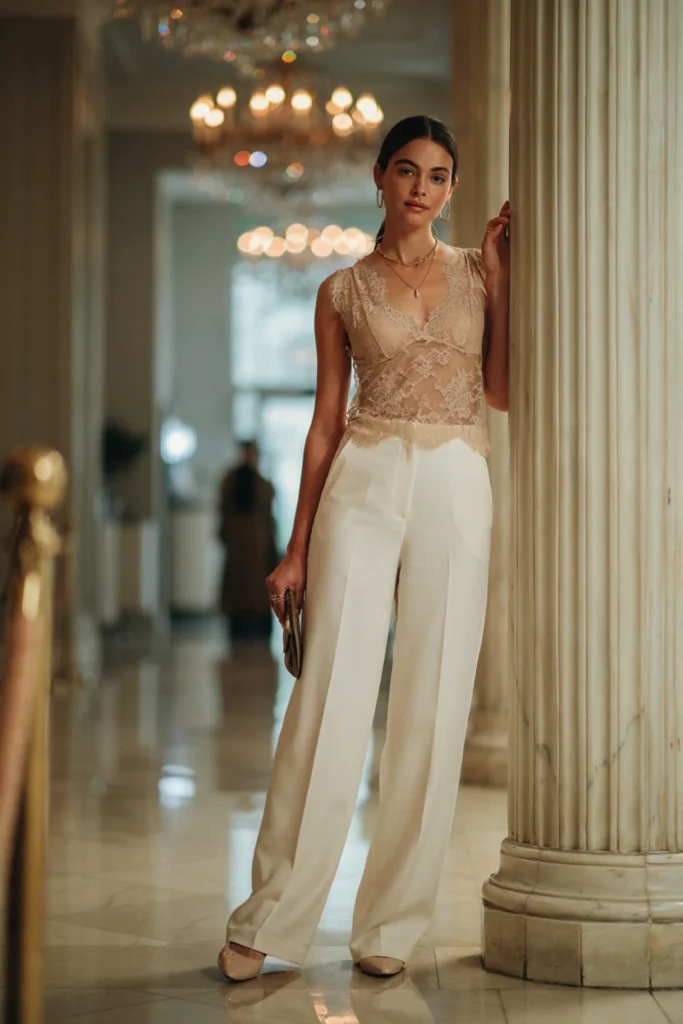 Lace Detail Cropped Top with High-Waisted Trousers