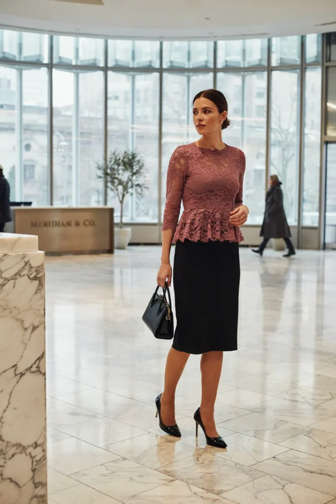 Lace Detail Peplum Top with Pencil Skirt