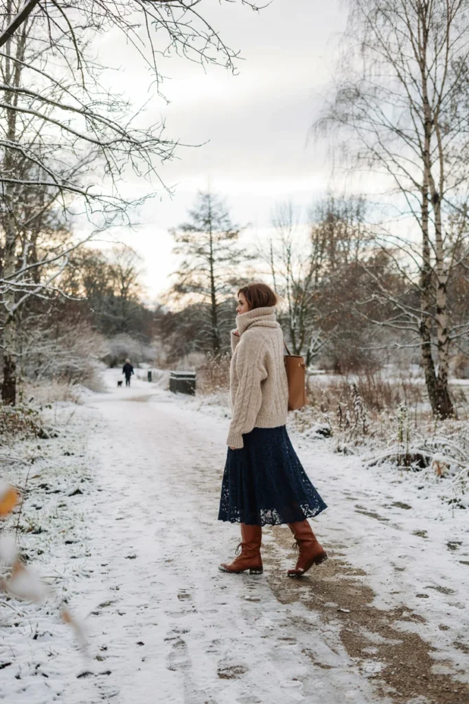 Lace Detail Skirt with a Chunky Turtleneck