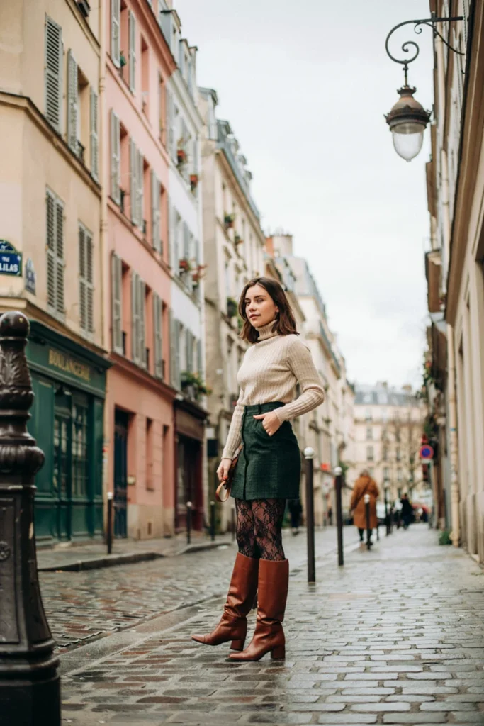 Lace Detail Tights Paired with a Mini Skirt