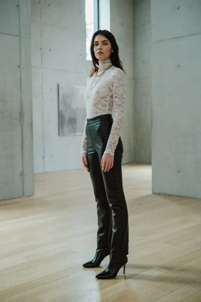 Lace Detail Turtleneck Bodysuit with Faux Leather Pants