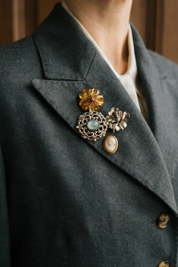Layered Brooch Cluster with Blazer Lapel