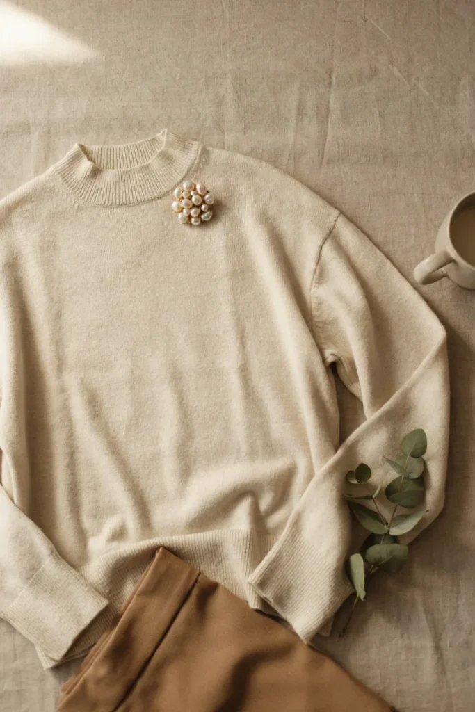 Pearl Brooch on Cashmere Sweater