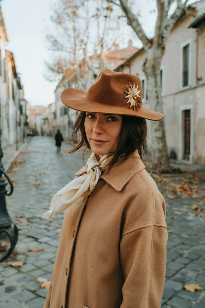 Sunburst Brooch with Wide-Brim Hat Ensemble