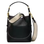 black bucket bag with wide strap for women