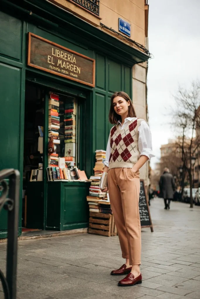 Argyle Sweater Vest Layered Over Button-Down Shirt