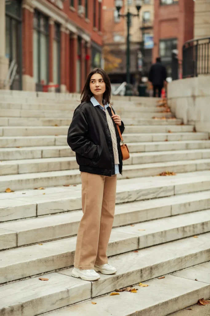 Bomber Jacket Over Sweater Vest