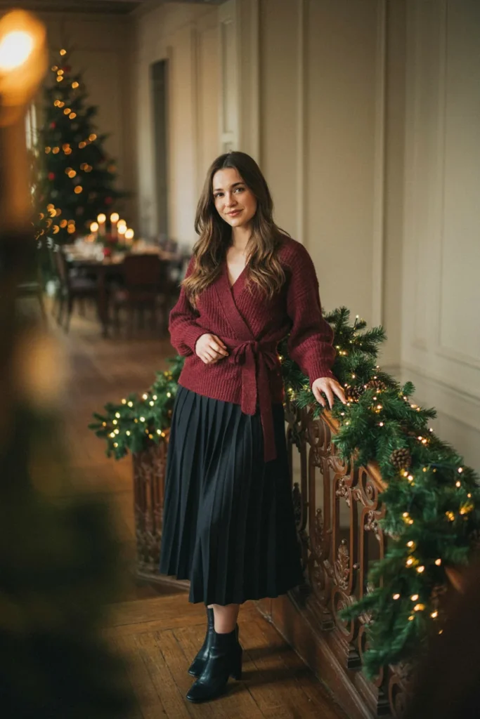 Burgundy Wrap Sweater with Skirt