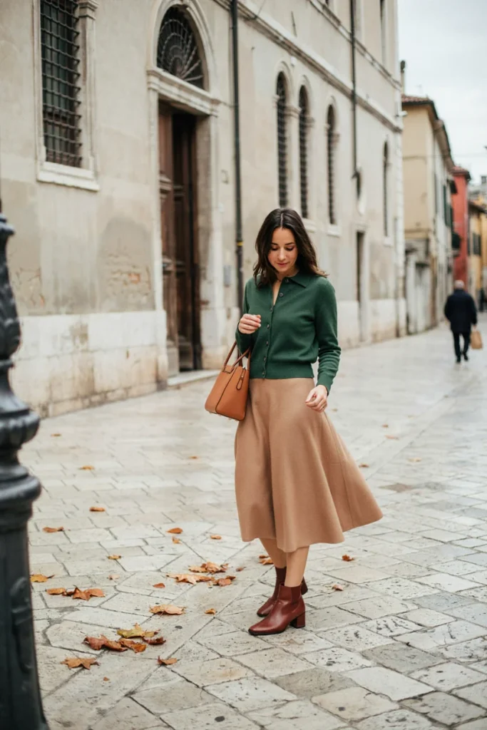 Button-Down Cardigan with Midi Skirt