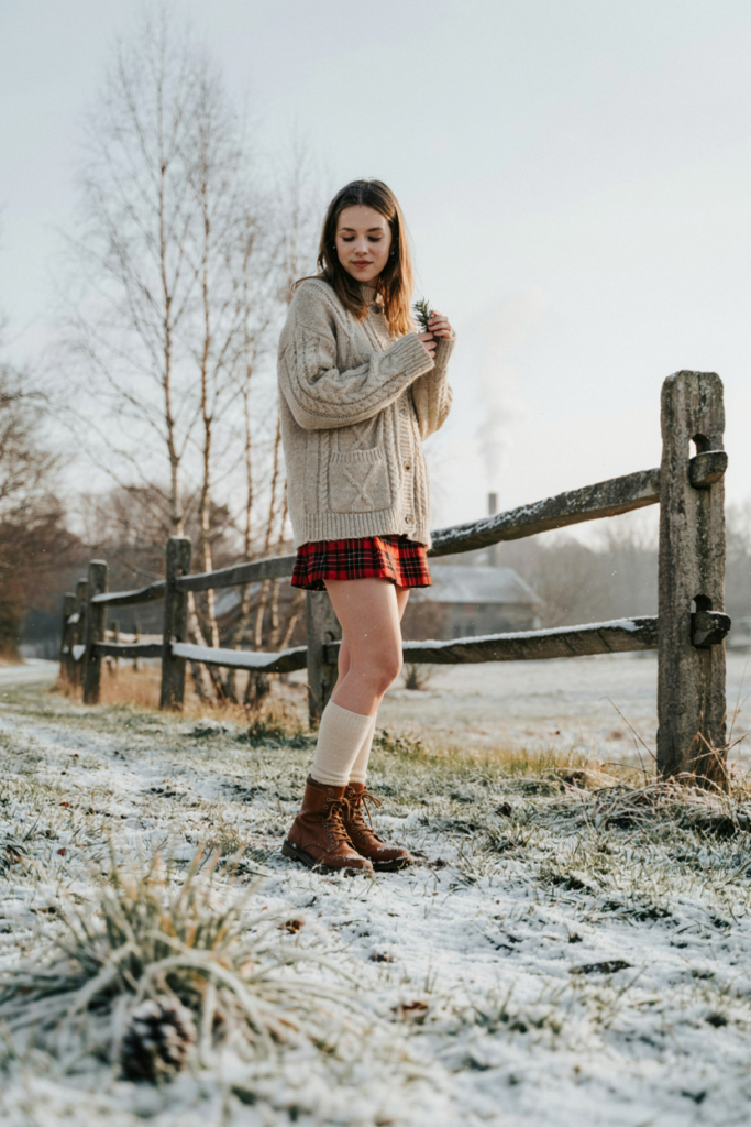 Cable-Knit Cardigan with Plaid Skirt