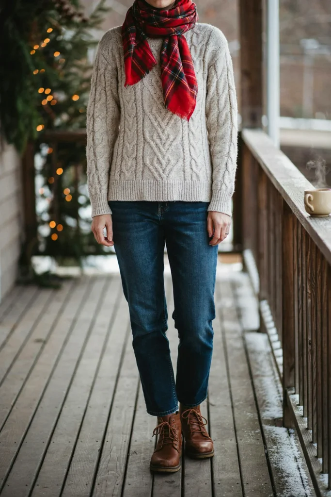 Cable Knit Sweater and Plaid Scarf