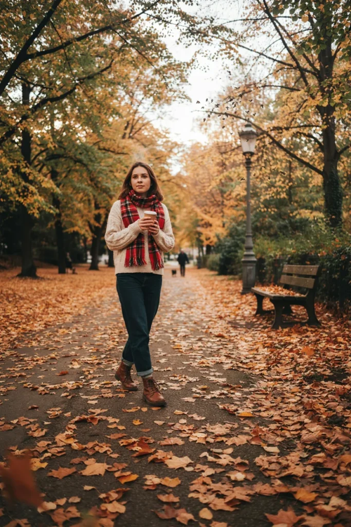 Cable Knit Sweater with Plaid Scarf