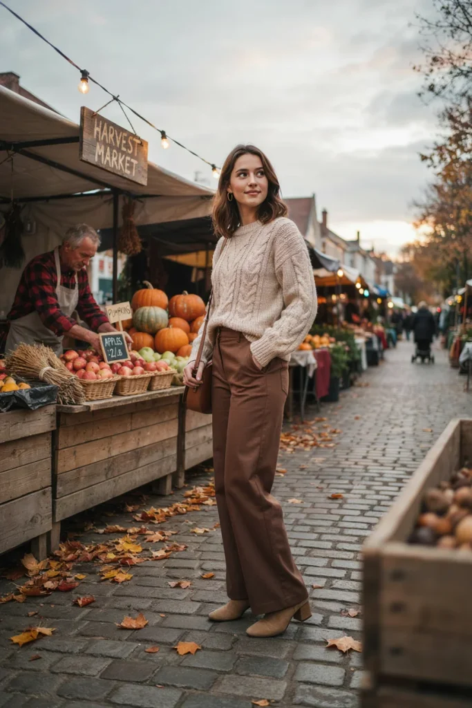 Cable Knit Sweater with Wide-Leg Trousers