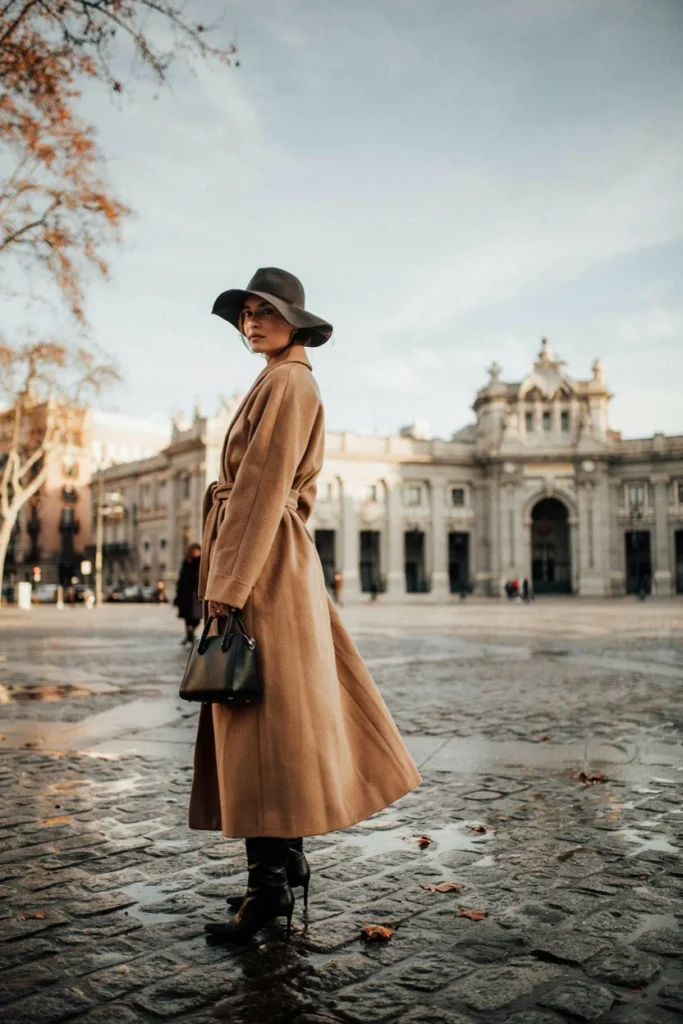 Camel Coat and Wide-Brim Hat for Editorial Elegance